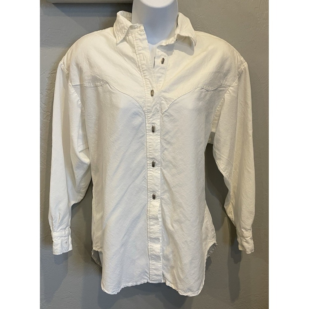 Vintageโ Longhorn Western Shirt Womens Small Ivory Shoulder Pads Cowgirl Button